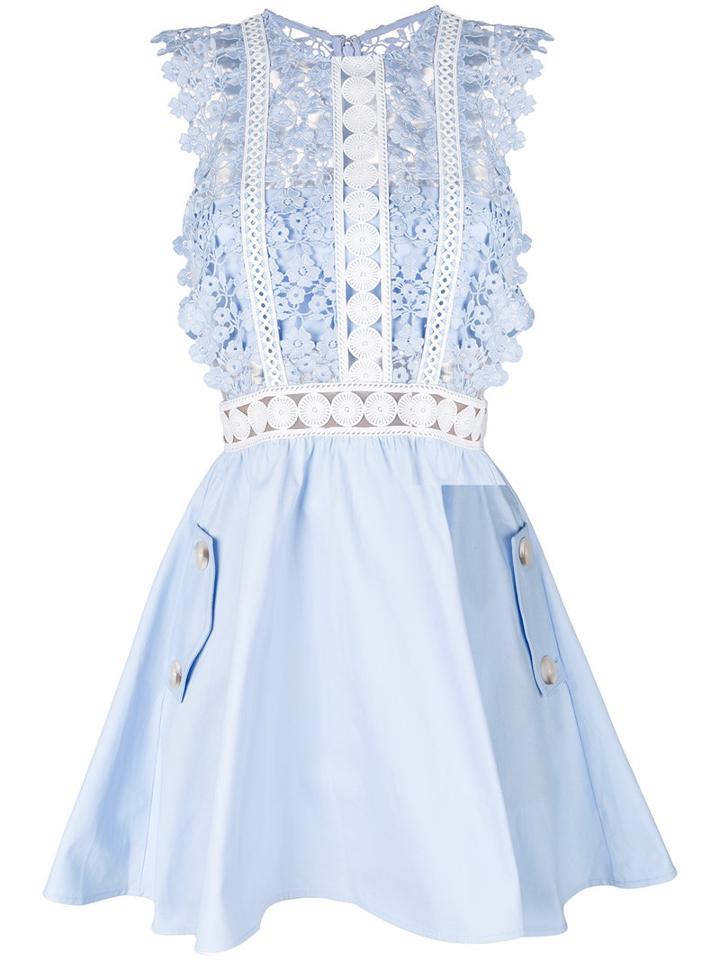 Self-portrait - Lace Panel Mini Dress - Women - Polyester/cotton/spandex/elastane - 6, Blue, Polyester/cotton/spandex/elastane