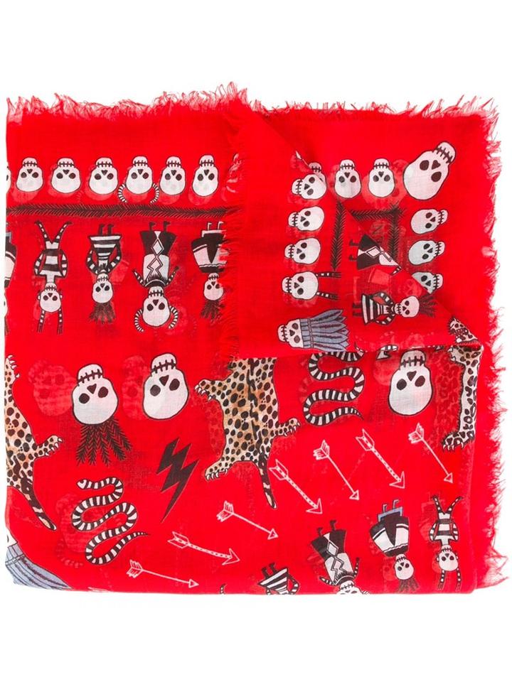 Alexander Mcqueen Leopard And Skull Print Scarf, Women's, Red, Modal/silk