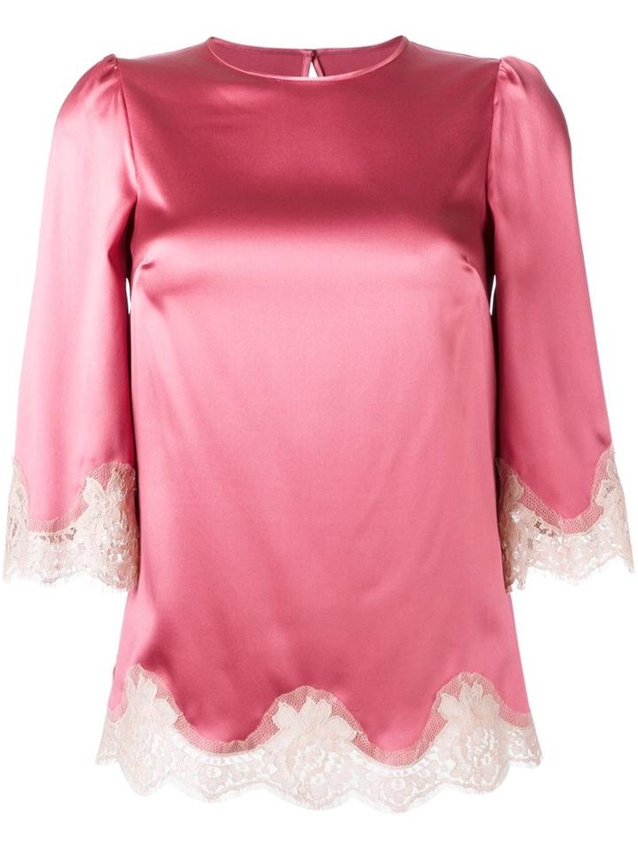 Dolce & Gabbana Lace Trim Boxy Blouse, Women's, Size: 38, Pink/purple, Silk/cotton/polyamide/spandex/elastane