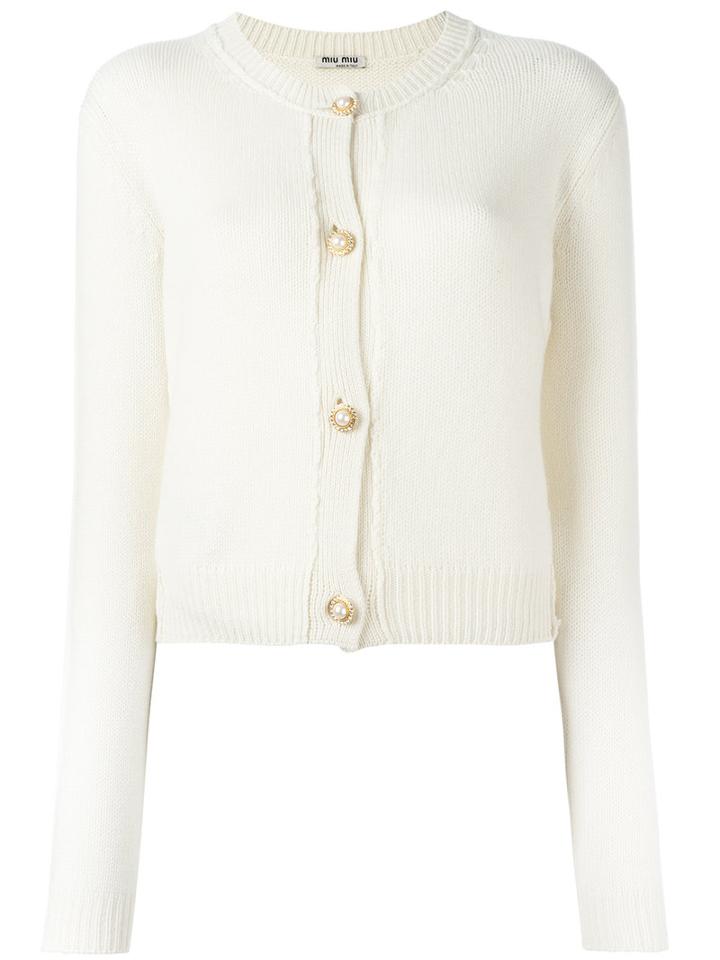 Miu Miu Pearl Button Cardigan, Women's, Size: 42, White, Cashmere/metal/glass