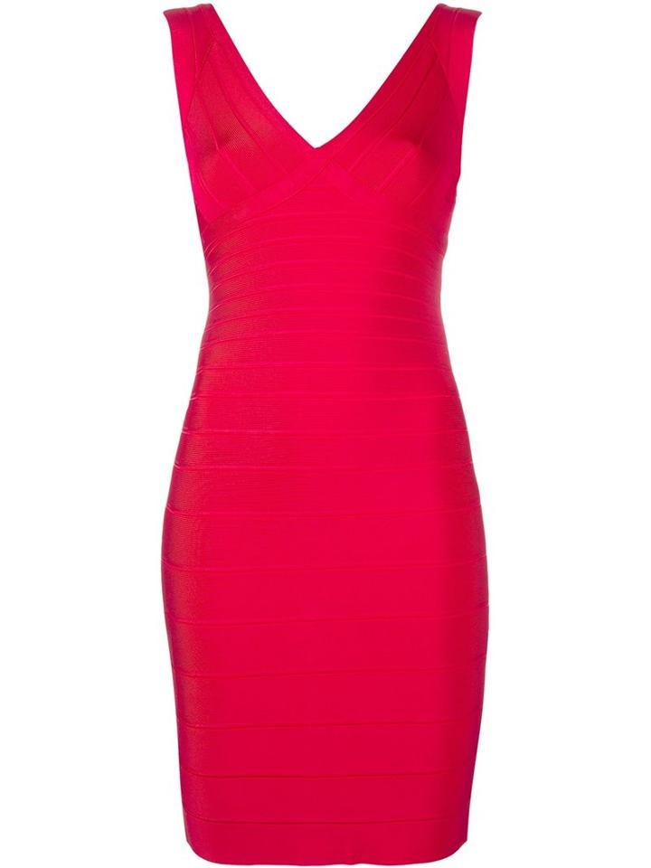 Hervé Léger V-neck Fitted Dress, Women's, Size: Xs, Red, Rayon/nylon/spandex/elastane