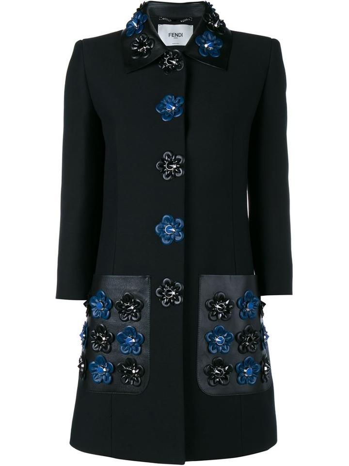 Fendi Floral Embroidered Coat, Women's, Size: 42, Black, Silk/lamb Skin/plastic/wool
