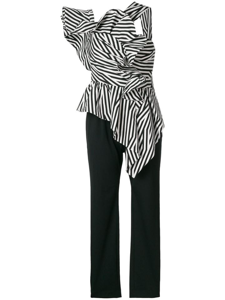Self-portrait Asymmetric Striped Ruffle Top - Black