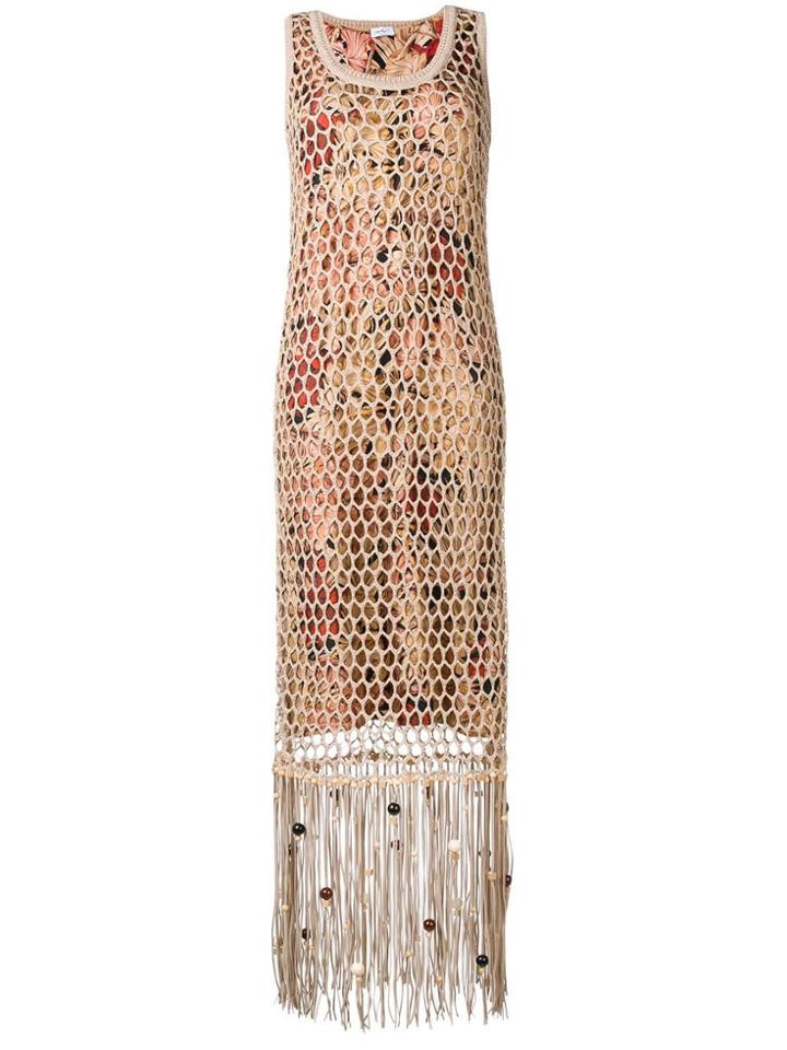 Salvatore Ferragamo Fringed Mesh Overlay Dress - Neutrals