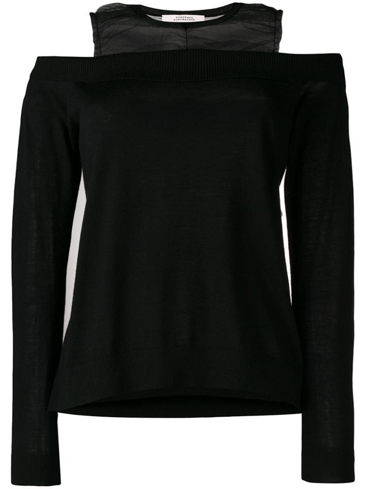 Dorothee Schumacher Ruched Organza Trimmed Foldover Knit Top - Black