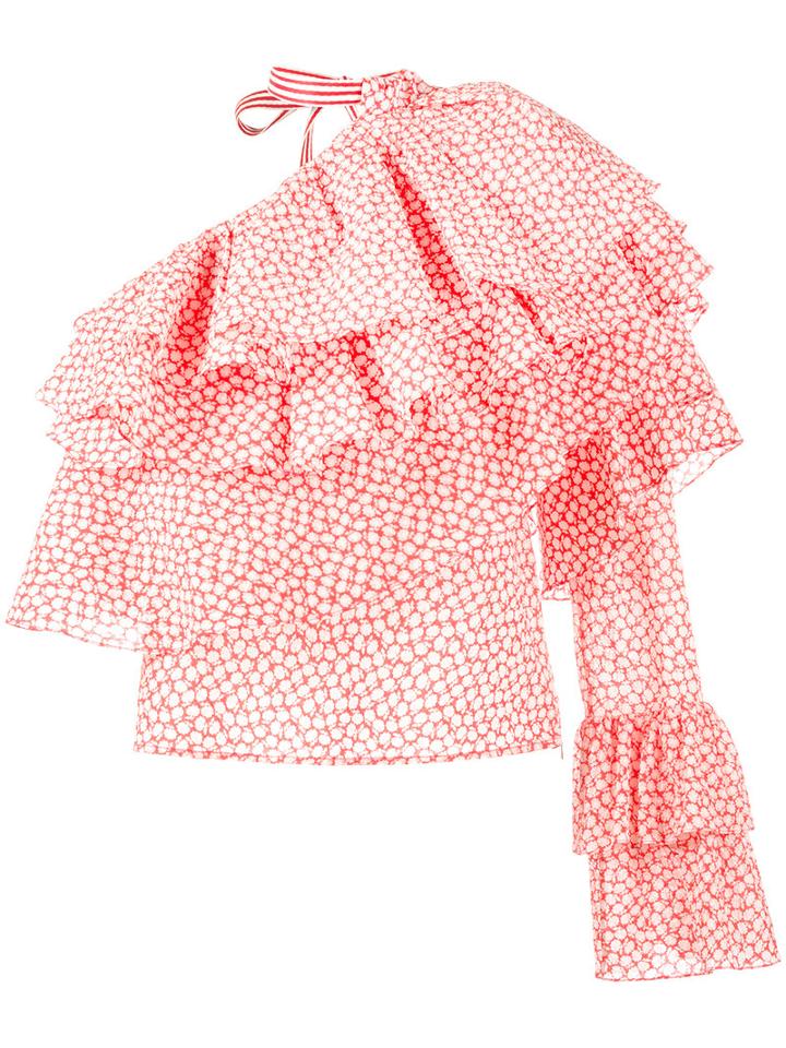 Rosie Assoulin - Printed Ruffle One-shoulder Top - Women - Cotton - L, Women's, Red, Cotton