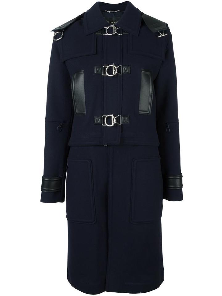 Versace Convertible Leather Trimmed Coat, Women's, Size: 40, Blue, Viscose/cupro/wool/lamb Skin