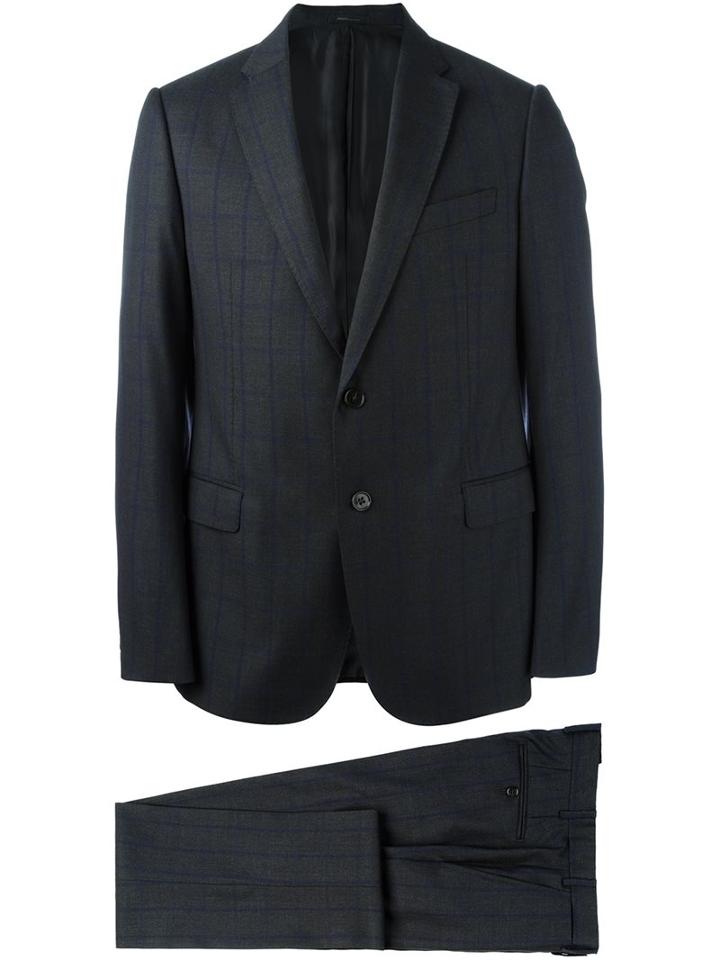Armani Collezioni Plaid Fitted Business Suit, Men's, Size: 48, Grey, Acetate/viscose/virgin Wool