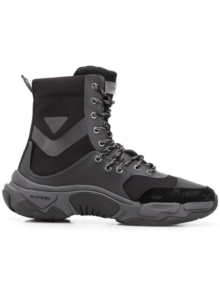 Diesel Mid-top Sneakers In Technical Fabric - Black