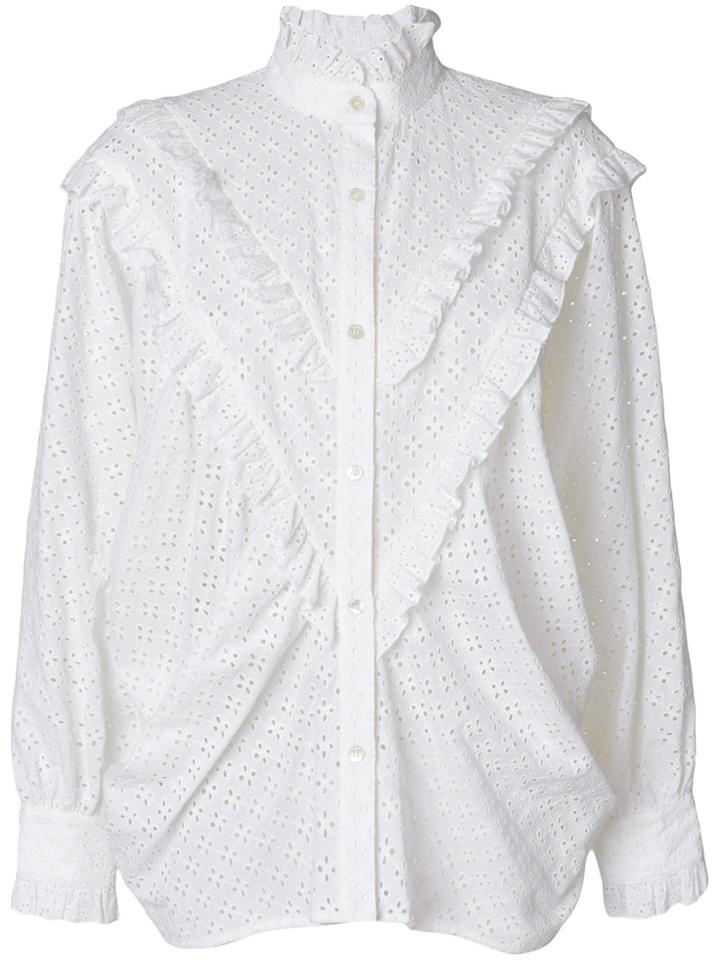 Alexa Chung Open Embroidery Batwing Ruffle Blouse - White