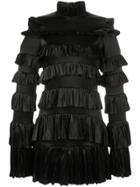 Off-white Frilled Mini Dress With High Neck - Black