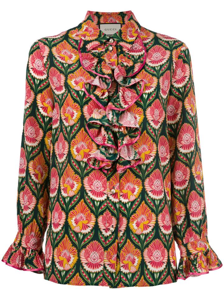 Gucci Ruffled Printed Blouse, Women's, Size: 46, Ivory, Silk/polyester