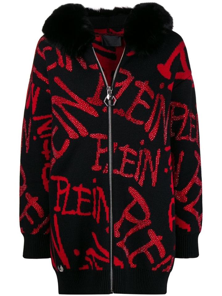 Philipp Plein Jacquard Rhinestone Pattern Cardigan Coat - Black