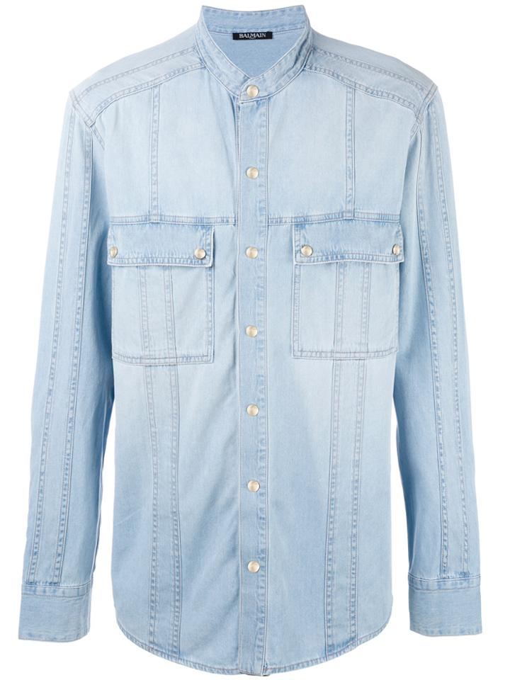 Balmain Collarless Denim Shirt - Blue