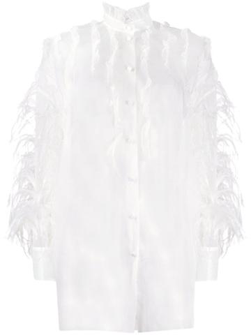 Valentino Sheer Feather Embellished Frilled Shirt - White