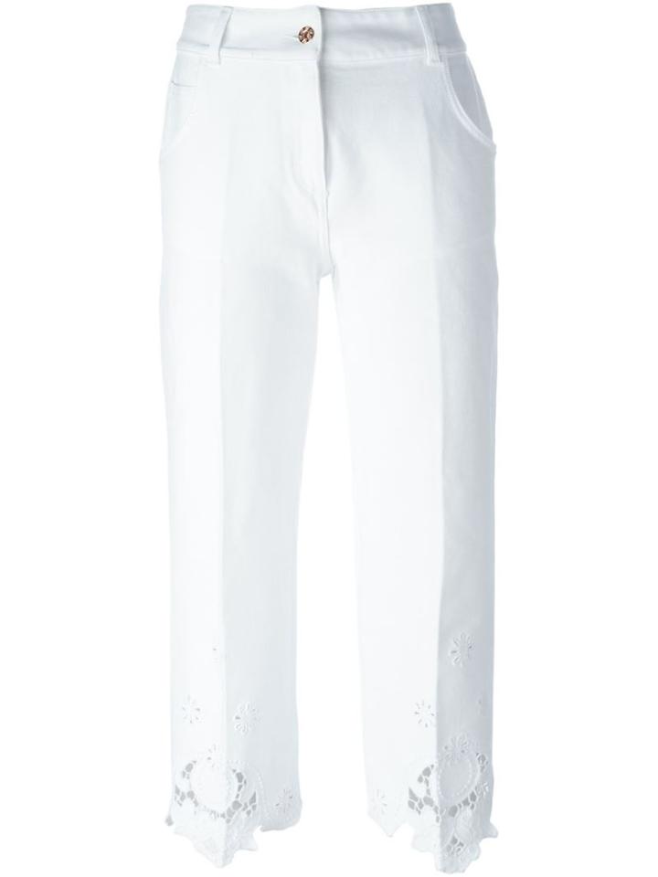 Blumarine Embroidered Hem Cropped Trousers, Women's, Size: 42, White, Cotton/spandex/elastane/polyester