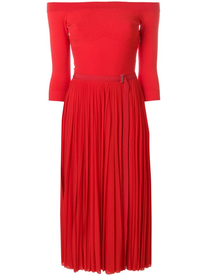 Alexander Mcqueen Off-the-shoulder Midi Plissé Dress - Red