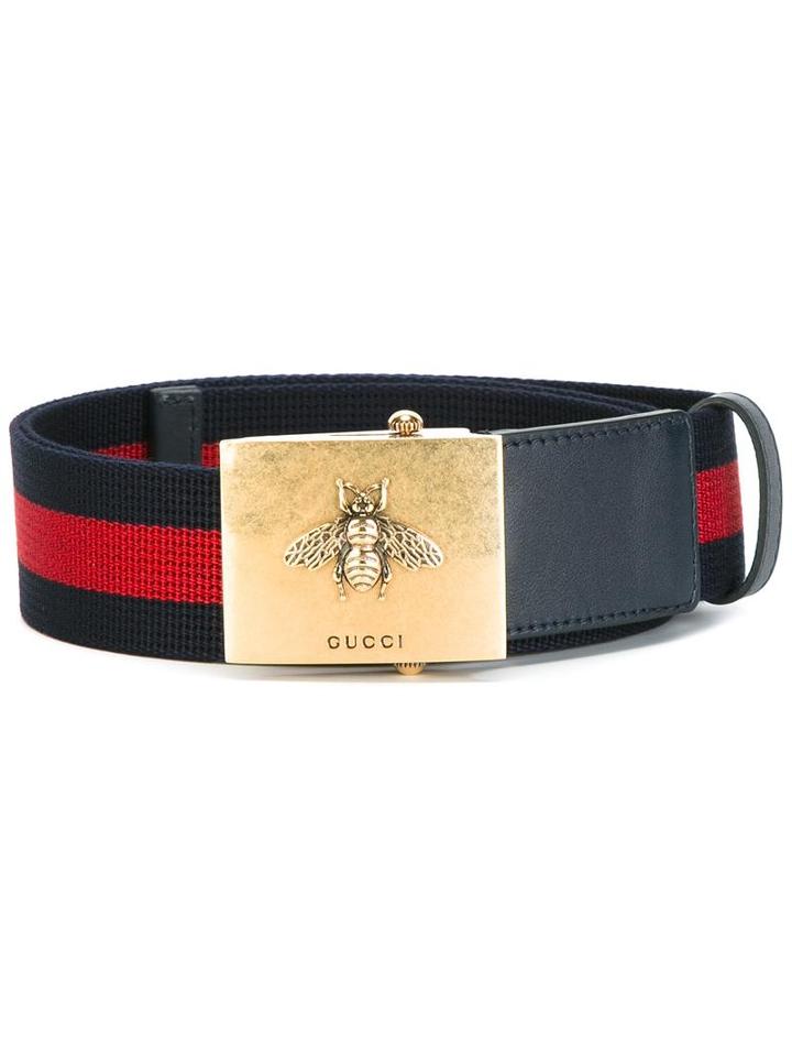 Gucci Bee Buckle Web Belt, Men's, Size: 105, Blue, Calf Leather/cotton