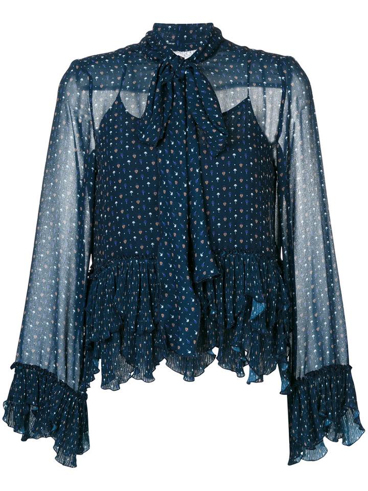 See By Chloé - Embroidered Frill Blouse - Women - Polyester/viscose - 34, Blue, Polyester/viscose