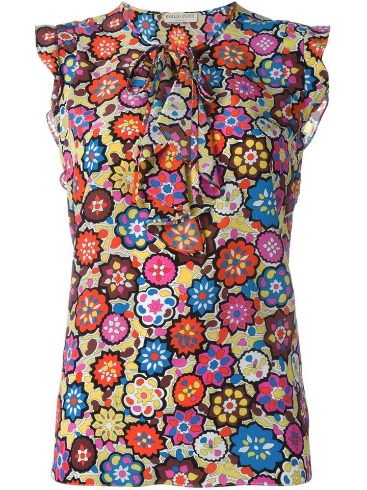 Emilio Pucci Floral Ruffle Trim Top, Women's, Size: 40, Silk