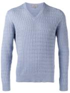 Canali Textured V-neck Sweater, Men's, Size: 48, Blue, Silk/cotton