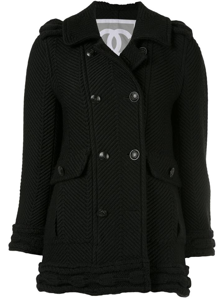 Chanel Pre-owned Herringbone-rib Coat - Black