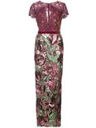 Marchesa Notte Sequined Lace Column Gown - Pink & Purple