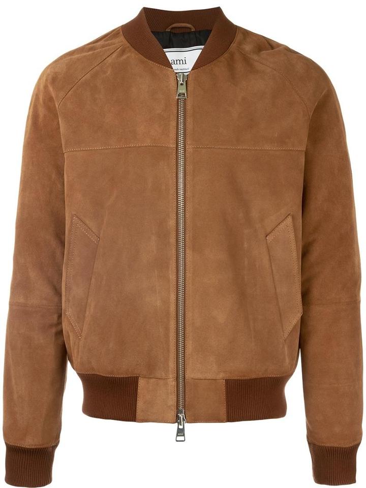 Ami Alexandre Mattiussi Raglan Sleeve Zipped Bomber Jacket, Men's, Size: Large, Nude/neutrals, Suede/cotton