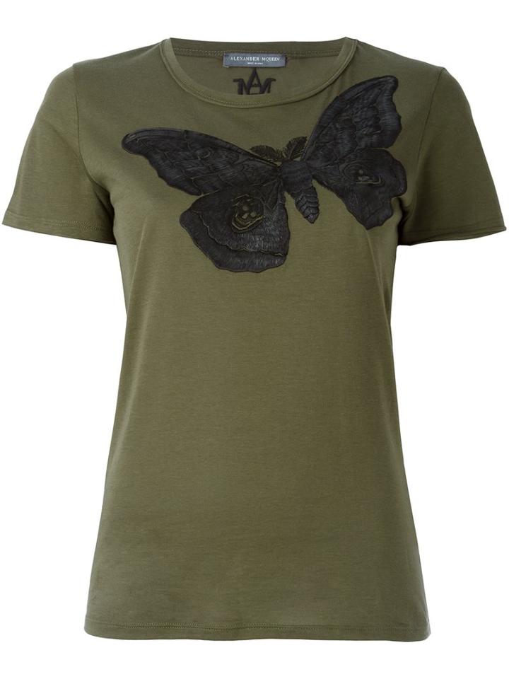 Alexander Mcqueen Embroidered Skull Moth T-shirt, Women's, Size: 42, Green, Cotton/polyester/viscose