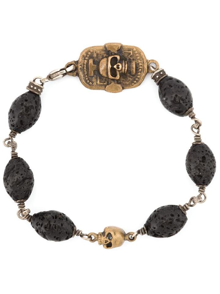 Roman Paul Skull Motif Beaded Bracelet, Men's, Black, Bronze/lava Beads