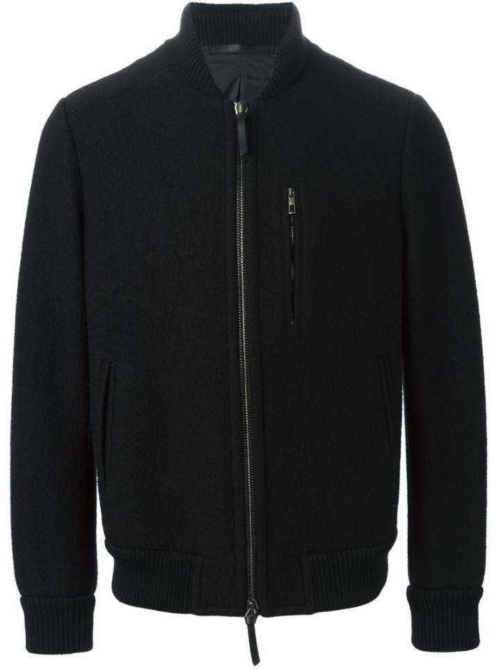 Giorgio Armani Zipped Bomber Jacket, Men's, Size: 50, Black, Acrylic/polyamide/virgin Wool