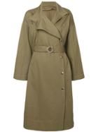 Yves Salomon Long Belted Twill Coat - Green