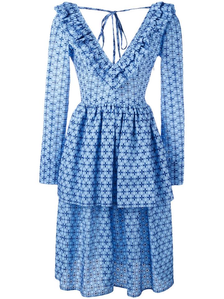 Daizy Shely Pleated Trim Printed Dress, Women's, Size: 40, Blue, Cotton