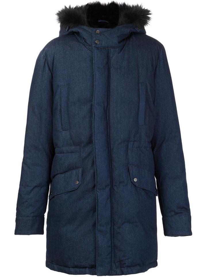 Yves Salomon Padded Fur Trim Jacket, Men's, Size: 48, Blue, Cotton/rabbit Fur/polyester