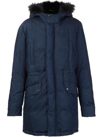 Yves Salomon Padded Fur Trim Jacket, Men's, Size: 48, Blue, Cotton/rabbit Fur/polyester
