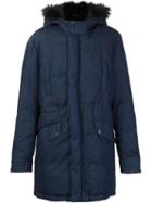 Yves Salomon Padded Fur Trim Jacket, Men's, Size: 48, Blue, Cotton/rabbit Fur/polyester