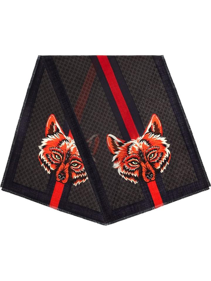 Gucci Gg Wool Stole With Wolf - Black
