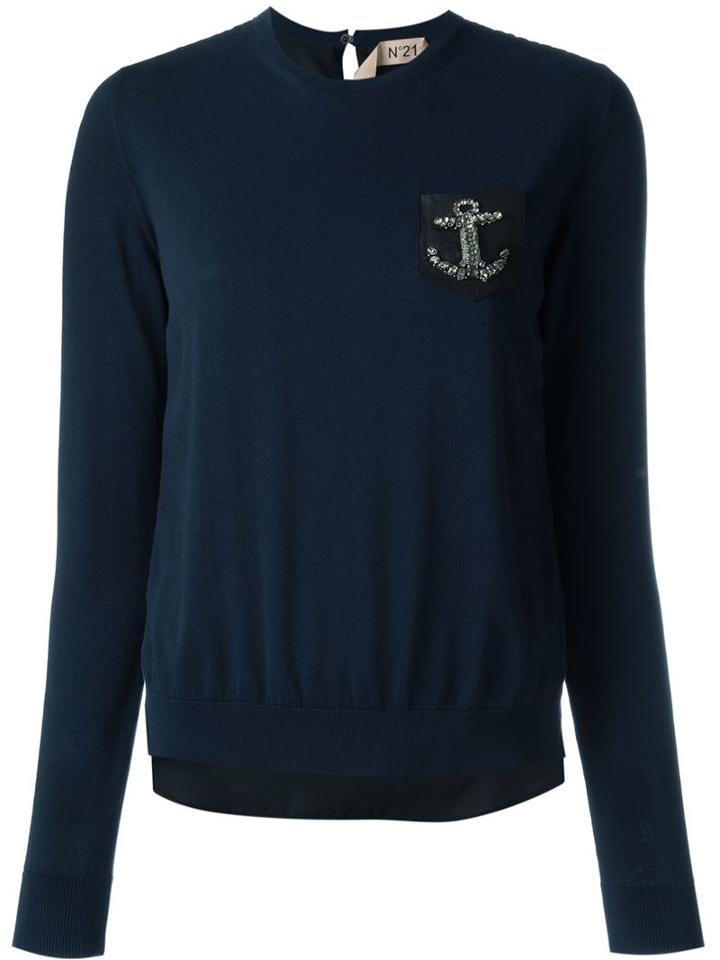No21 Embellished Anchor Detail Sweater, Women's, Size: 40, Blue, Silk/cotton