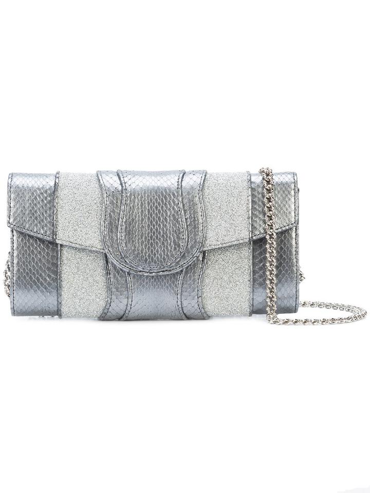 Khirma Eliazov - Khirma X Swarovski Embellished Flap Clutch - Women - Calf Leather/swarovski Crystal/watersnake Skin - One Size, Grey, Calf Leather/swarovski Crystal/watersnake Skin