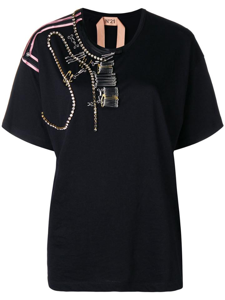 No21 Pins & Rhinestones Embellished T-shirt - Black