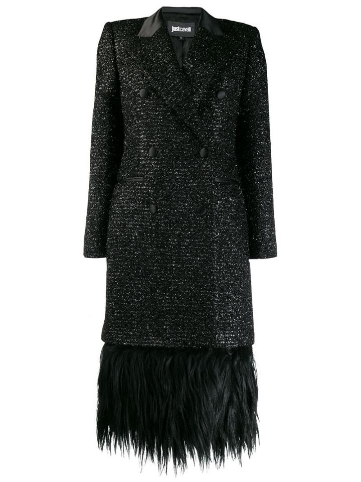 Just Cavalli Double Breasted Fringe Coat - Black