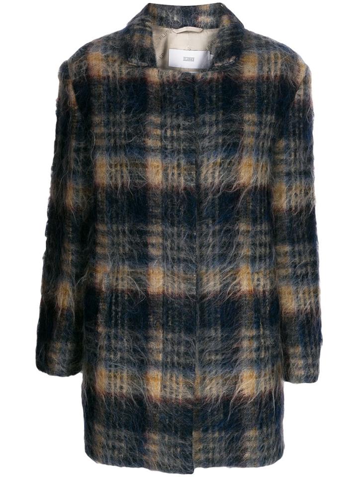 Closed Plaid Single-breasted Coat - Blue
