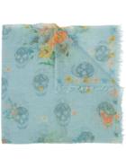 Alexander Mcqueen Floral Print Scull Scarf, Women's, Blue, Cashmere/wool