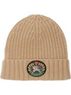 Burberry Embroidered Crest Rib Knit Wool Cashmere Beanie - Neutrals