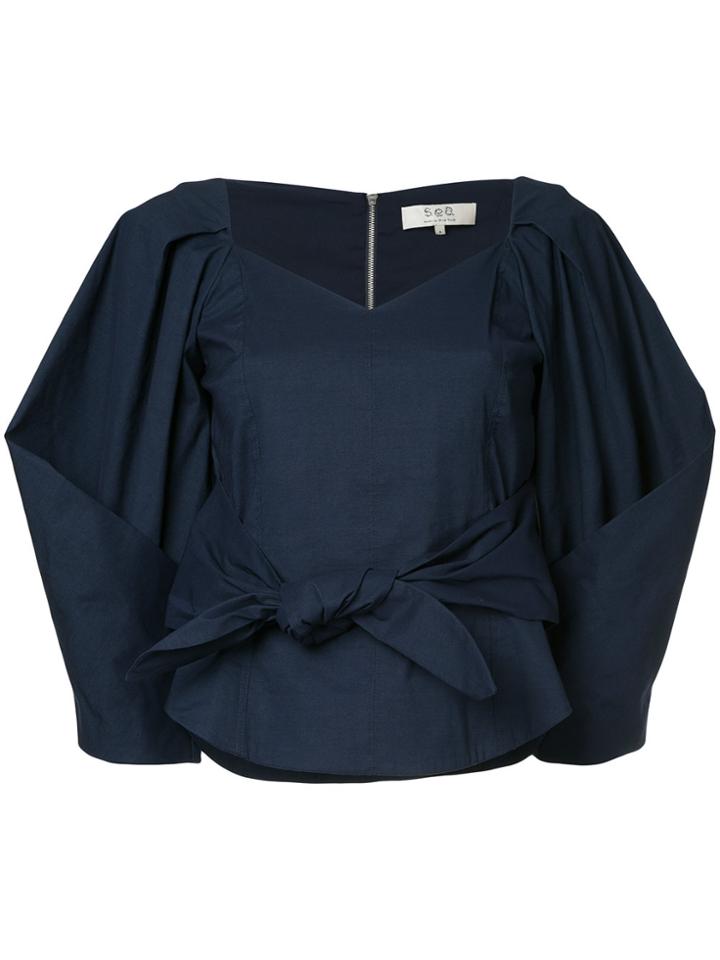 Sea Puff Sleeved Sweetheart Blouse - Blue