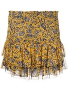 Isabel Marant Étoile Bee Print Smocked Miniskirt, Women's, Size: 38, Yellow/orange, Silk/viscose