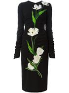 Dolce & Gabbana Tulip Appliqué Ruched Dress, Women's, Size: 42, Black, Silk/polyamide/virgin Wool