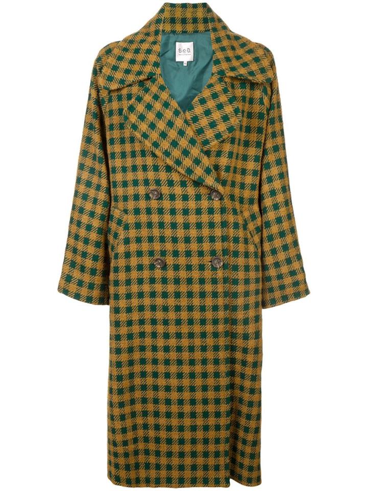 Sea Checked Double-breasted Coat - Yellow