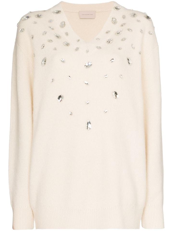 Christopher Kane Crystal V-neck Cashmere Blend Sweater - White