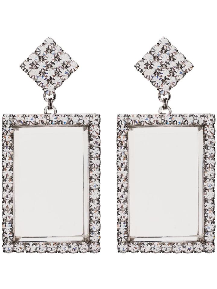 Alessandra Rich Metallic Silver Crystal Embellished Rectangle Earrings